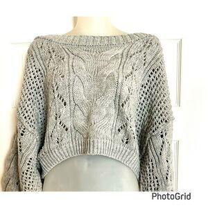 Willow & Root Pointelle Chunky Gray Cable Knit Sweater